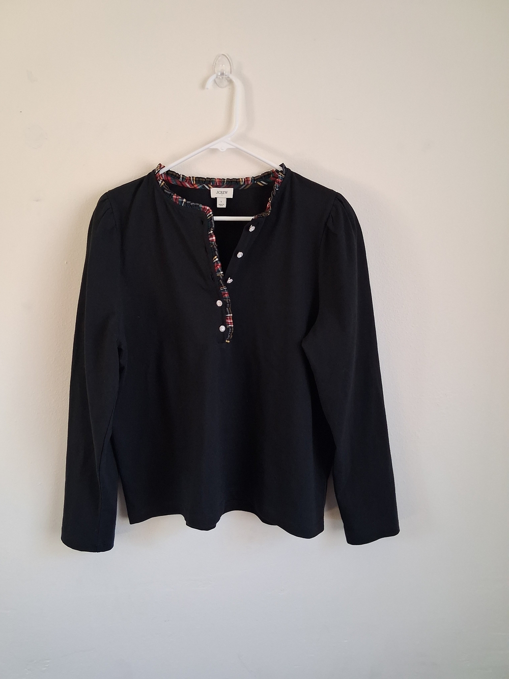 J. Crew Tartan Trim Puff Sleeves Henley Top Black Large